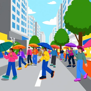 A bustling city street filled with diverse people walking amidst a gentle rain. The ground is shiny and reflects the colorful lights from the surrounding buildings. Many individuals are holding vibrant umbrellas in various colors, adding splashes of color to the scene. Some people are wearing raincoats, while others sport stylish boots, all navigating the wet pavement. In the background, tall buildings loom with large windows, and a few trees line the sidewalk, their leaves glistening with raindrops. Steam rises from a nearby street vendor, where the enticing aroma of hot food fills the air.