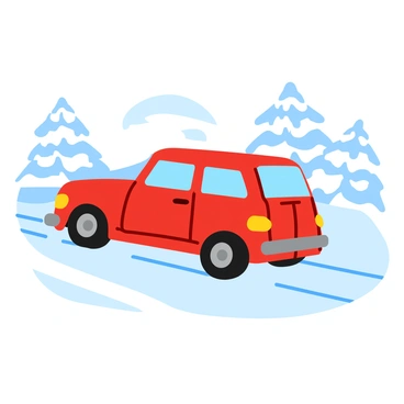 A bright red car driving away, leaving distinct tire tracks in the freshly fallen white snow. The snow is thick and fluffy, coating the ground in a smooth layer. In the background, there are snow-covered trees, their branches heavy with white snow. The scene is illuminated by soft, natural light, casting gentle shadows from the car and trees onto the snow. The tires of the car create a clear path, contrasting with the untouched snow surrounding it.