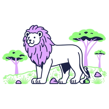 An intricately engraved illustration of a lion stands majestically in the savannah. The lion has a full, flowing mane, with detailed textures enhancing the natural patterns of its fur. In the background, there are sparse acacia trees scattered across the landscape. The ground is a mix of dry grass and small patches of earth, with a few rocks interspersed. The sky above is clear, providing a sense of vastness to the scene, while the lion gazes serenely in one direction.