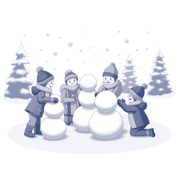 A winter landscape filled with soft, white snow covering the ground. In the foreground, several children are engaged in building snowmen, stacking large snowballs to create the bodies. The children are wearing winter clothing, including hats, scarves, and gloves, with their expressions showing joy and excitement. Above them, delicate snowflakes are falling gently from the sky, adding to the enchanting atmosphere. In the background, snow-covered trees stand tall against the wintry sky.