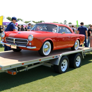 A classic car with a shiny red exterior, chrome accents, and white-wall tires is being carefully loaded onto a flatbed truck. The flatbed truck has a sturdy metal frame and wooden planks for the loading surface. The car's polished body reflects the surroundings, including a crowd of onlookers at the car show, some taking pictures. The sunlight casts distinct shadows, highlighting the curves of the classic car. The flatbed truck is positioned on a grassy area of the show, with colorful banners and tents visible in the background. A person in a blue uniform is guiding the loading process, ensuring the car is secured properly.