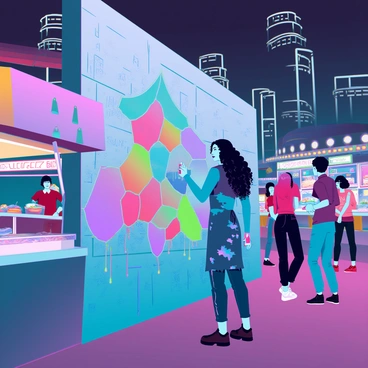 A street artist with medium skin and long, curly hair is engaged in painting vibrant murals on a large concrete wall. The artist is wearing a paint-splattered apron and holds a spray can, adding bright colors to a stunning scene. Surrounding the wall, a lively night market is bustling with people, colorful stalls, and glowing lights. Various food vendors are visible, showcasing an array of dishes and snacks. The atmosphere is filled with a sense of creativity and energy, as onlookers admire the artwork being created in real-time.