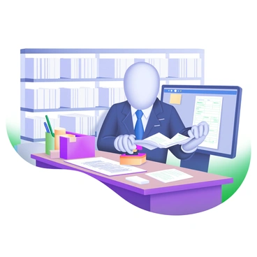 A bureaucrat without a face stamping papers robotically