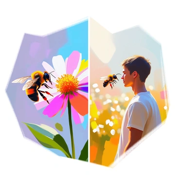 An illustration depicting a side-by-side comparison of how bumble bees and humans perceive colors. On one side, a bumble bee is shown hovering near a flower, with a vibrant palette of colors highlighted in ultraviolet shades that are visible to the bee. The flower appears in a spectrum of vivid hues that are invisible to the human eye. On the other side, a human figure is shown admiring the same flower, showcasing a more limited range of colors in a bright, sunny environment. The contrast in color perception is visually emphasized with labels for each color, revealing the spectrum each can see.