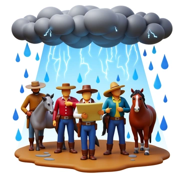 Mier y Teran's team navigating through a sudden Texas thunderstorm. The scene shows a group of explorers in 1830s attire, including wide-brimmed hats and sturdy leather boots. Heavy rain pours down, creating puddles on the muddy ground. Dark storm clouds loom overhead, crackling with flashes of lightning. The team is huddled together, with one member holding a map and pointing forward while others shield themselves from the rain. A lone horse stands nearby, looking apprehensive. The atmosphere is tense, highlighting their determination amidst the harsh weather.