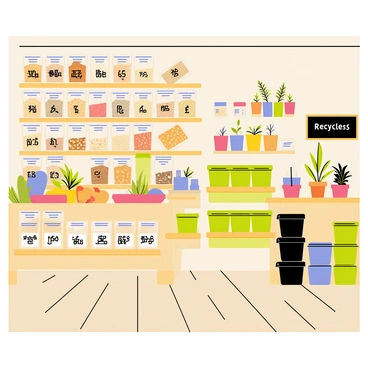 An eco-friendly store interior featuring wooden shelves filled with various bulk bins for grains, nuts, and dried fruits. The bins are labeled with clear tags indicating the contents and prices. On one side, there are vibrant green reusable containers made of glass and silicone. A colorful display of potted plants adds a touch of nature, while a chalkboard sign reads "Reduce, Reuse, Recycle" in bold letters. The floor is made of light wood, creating a warm and inviting atmosphere.
