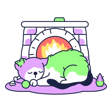A tom kitten is curled up and sleeping next to a warm fireplace. The kitten has distinct markings and a fluffy coat. The fireplace has a rustic stone surround and a glowing fire, casting soft light around the area. Scattered around the kitten are several toys, including a small green ball and a purple mouse. The floor is covered with a cozy rug, adding to the warmth of the scene.