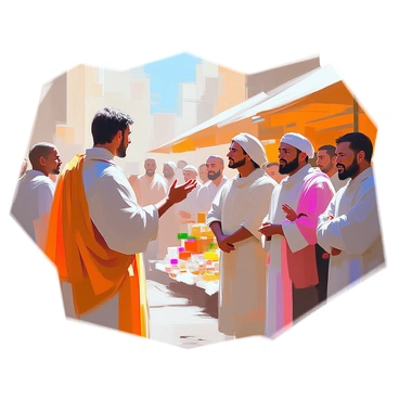 A scene depicting a man named Marullus speaking passionately to a group of attentive commoners. Marullus has dark hair and is dressed in a simple yet dignified robe, standing confidently in front of the crowd. He gestures with his hands to emphasize his points, his expression earnest and serious. The commoners, a mix of men and women with varied appearances, listen intently, some nodding along to his words. The background features a marketplace with stalls and goods, indicating the setting of his speech. The atmosphere is charged with the weight of his message about loyalty, and the commoners are visibly engaged in the discussion.