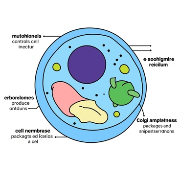 A colorful collage featuring various animal cell parts. The central focus is a large round animal cell depicted in a vibrant blue. Surrounding it are labeled sections for each cell part. The "nucleus" is shown as a prominent dark purple sphere, with a label indicating "controls cell activities." Adjacent to it is the "mitochondria," illustrated as green, bean-shaped structures, labeled "produces energy." The "ribosomes" appear as small black dots scattered throughout, labeled "synthesize proteins." Nearby, "endoplasmic reticulum" is depicted as a network of folded membranes in light yellow, labeled "transport materials." "Golgi apparatus" is represented as a series of curved, stacked layers in pink, with the label "packages and ships proteins." Lastly, the "cell membrane" is illustrated as a thin, semi-transparent boundary encasing the cell, labeled "protects and provides structure."