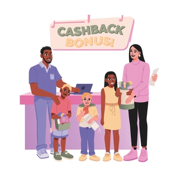 A family of four is inside a bright and colorful store. The parents, a father with medium brown skin and short curly hair wearing a blue polo shirt and jeans, and a mother with light brown skin and long straight hair wearing a pink sweater and black leggings, are standing at the checkout counter. Their two children are beside them; a boy with light brown skin and short hair wearing a red t-shirt and blue shorts, and a girl with medium skin and braided hair wearing a yellow dress. The father has a receipt in his hand, and the mother is holding a shopping bag filled with colorful items. All family members have wide smiles on their faces, showing their excitement. Above the counter, a large sign displays "Cashback Bonus!" in bright letters, adding to the cheerful atmosphere.