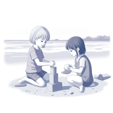 Two children are engaged in building a sandcastle on a beach. Kaede is constructing the sandcastle with precision, using a small plastic bucket and a spade. Suzu is sitting beside her, holding a seashell and examining it closely. The beach is filled with fine sand, and in the background, gentle waves are rolling onto the shore. The sky above is clear, indicating a sunny day. A few scattered beach toys and a towel are spread nearby, adding to the scene of play and creativity.