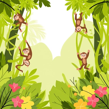 A dense jungle filled with vibrant green foliage and tall trees reaching towards the sky. Playful monkeys with brown fur are swinging energetically from thick, leafy vines hanging from the branches. Some monkeys are hanging upside down, while others are playfully interacting with each other. Colorful flowers in shades of red, yellow, and pink are blooming among the greenery, adding splashes of color to the scene. Sunlight filters through the leaves, creating dappled light patterns on the jungle floor.