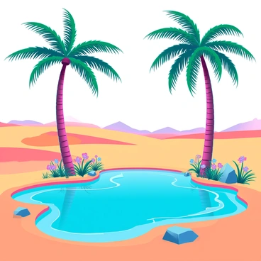 A vibrant oasis in the desert surrounded by golden sand dunes. Tall, lush palm trees with green fronds provide shade around a large, crystal-clear pool. The water shimmers under the bright sun, reflecting the blue sky above. Colorful flowers bloom along the edge of the pool, adding splashes of color to the scene. A few stones are arranged artfully near the water's edge, creating a natural aesthetic. In the background, distant sand dunes rise against the horizon, completing the tranquil desert landscape.