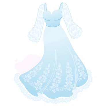 An elegant evening dress with flowing fabric is displayed against a soft background. The dress features intricate lace patterns woven throughout the fabric, showcasing delicate floral designs. The hem and sleeves of the dress are adorned with detailed lace trim, adding an extra layer of sophistication. The fabric drapes gracefully, creating soft folds and gentle movement. A large outline of the dress is clearly defined, inviting a coloring opportunity.