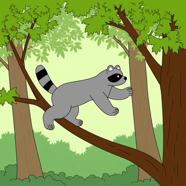 A curious raccoon with gray fur and black markings around its eyes is leaping from one tree branch to another in a dense green forest. The raccoon appears agile, with its small paws reaching out toward the next branch. Sunlight filters through the leaves, casting dappled shadows on the ground below. The branches are thick and covered in vibrant green foliage, creating a lively backdrop for the raccoon's playful jump. In the background, there are other trees, their trunks brown and textured, contributing to the forest atmosphere.
