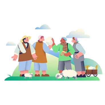 A group of three shepherds is standing on a grassy hilltop, surrounded by rolling hills in the background. The first shepherd, wearing a brown tunic and a wide-brimmed hat, is holding a large bundle of white wool. The second shepherd, dressed in a green shirt and gray trousers, is reaching out to receive the wool while holding a handmade wooden tool in his other hand. The third shepherd, with a plaid scarf around his neck, stands nearby, observing the exchange with a smile. Several fluffy sheep are grazing in the foreground, and a wooden cart filled with additional handmade tools rests beside the hill. The sky above is bright and clear, with a few soft clouds scattered.