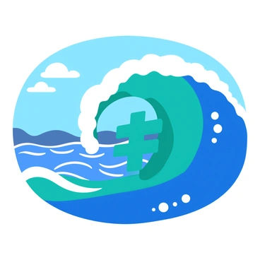 A vibrant ocean wave curling into the shape of a "# " at its peak. The wave features deep blues and turquoise shades, with frothy white foam cascading down the sides. The sunlight creates sparkling highlights on the water's surface, emphasizing the motion and energy of the wave. The hashtag shape is clearly defined, drawing the viewer's attention to this unique formation within the wave. The ocean background consists of distant waves and a clear blue sky.