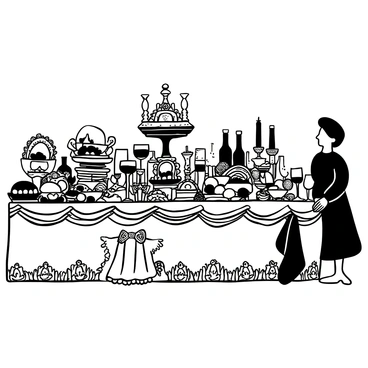 A lavish banquet table is set with an array of delicacies, including ornate platters of roasted meats, fresh fruits, and an assortment of pastries. Fine wines are poured into crystal glasses, and golden cutlery is arranged neatly beside elegant china plates. Richly adorned table linens drape over the table, adding to the opulence of the scene. Candide stands beside the table, dressed in period attire, surveying the feast before him. The atmosphere is filled with an abundance of luxurious foods and drinks, creating a sense of indulgence and celebration.