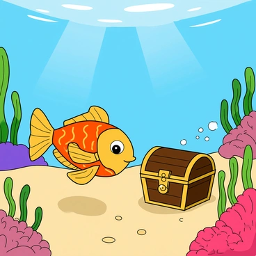 A small, colorful fish with bright scales swimming curiously near the ocean floor. The fish has large, expressive eyes and delicate fins that flutter as it moves. It spots a tiny treasure chest partially buried in the sand, adorned with intricate designs and a shiny gold lock. A few bubbles rise from the chest, hinting at the excitement of discovery. Surrounding the scene are patches of vibrant coral and swaying seaweed, creating a lively underwater atmosphere. Sunlight filters down from above, casting soft beams across the ocean floor.