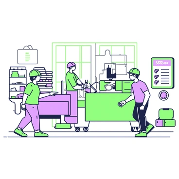 A client is walking through a production facility, accompanied by a guide. The client is wearing a hard hat and safety goggles for protection. The guide is pointing towards a large machine that is operating, which has various parts moving efficiently. In the background, there are workers engaged in their tasks, each wearing safety gear as they operate machinery and tools. The walls of the facility are lined with various production equipment, and a large window reveals stacks of finished products. A bulletin board nearby displays safety instructions and production schedules.