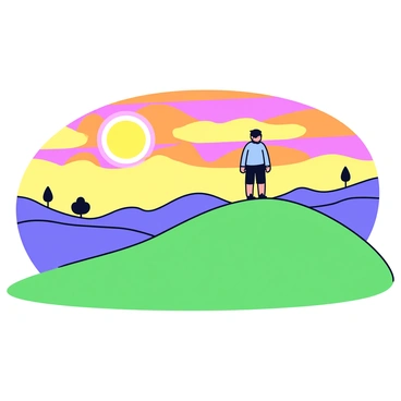 A hilltop with gentle slopes covered in green grass. At the peak, there is a solitary observer standing, gazing out over the horizon. The sky is filled with vibrant oranges, pinks, and yellows as the sun rises, casting light across the landscape. The observer is wearing a simple outfit, capturing the peacefulness of the moment. In the distance, there are rolling hills and a few scattered trees silhouetted against the colorful sky.