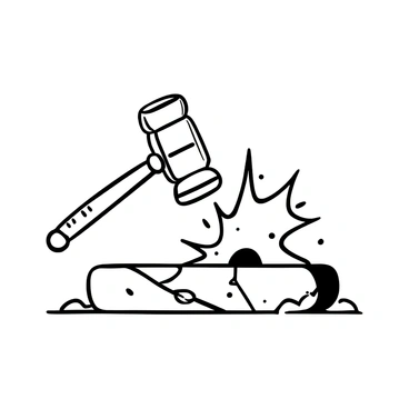 A gavel in mid-air, captured just before it strikes a flat, solid surface. The surface shows sharp, jagged cracks radiating outward from the point of impact. The gavel is detailed, with a textured handle and a smooth striking head. Pieces of debris from the surface are scattered around the cracks, emphasizing the force of the impact. The background remains plain to focus on the gavel and the cracks it creates.