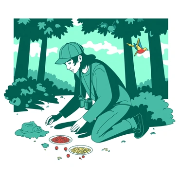 A teal birdwatcher is kneeling in a forest glade, carefully laying out small piles of seeds and bright red berries on the ground. The birdwatcher is wearing a green cap and has binoculars hanging around their neck. Surrounding the glade are tall trees with lush green foliage casting dappled shadows. In the background, a few colorful birds can be seen fluttering nearby, attracted by the offerings. The atmosphere is lively, filled with the sounds of chirping birds.