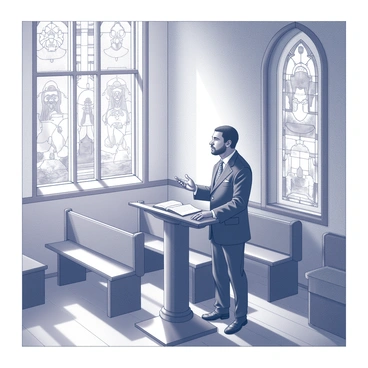 A preacher delivering a sermon in a quaint chapel with integrity-themed stained glass windows