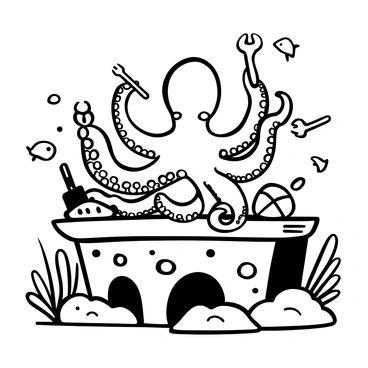 An octopus with eight elongated arms is manipulating various tools on a workbench made of coral. It holds a small wrench in one arm, a screwdriver in another, and a pair of scissors in a third. There are other tools like a hammer and a paintbrush scattered across the workbench. The octopus’s body is intricately detailed with textures, and its suckers are clearly visible. Surrounding the scene are marine elements like seaweed and small fish observing the activity, adding to the underwater environment. The background includes hints of rocks and sand, enhancing the scientific accuracy of the illustration.