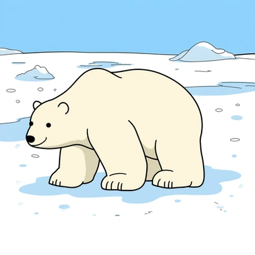 A large polar bear with thick white fur is crouched low in a snowy landscape, blending seamlessly into its surroundings. The bear's powerful body is positioned as it scans the area with its keen eyes, searching for movement. The snow-covered ground glistens under the bright sunlight, with small snowflakes gently falling around the bear. In the background, there are scattered ice formations and a clear blue sky, adding to the pristine wilderness atmosphere. The bear's paws are pressed against the soft snow, leaving subtle tracks behind.