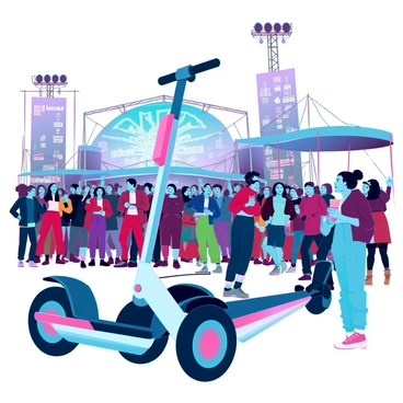 A Segway parked upright, connected to a charging station with a visible charging cable. Nearby, a diverse crowd of festival-goers, wearing colorful clothing and accessories, dances and enjoys the music. Some individuals are holding drinks, while others are chatting animatedly. Bright lights from stage performances illuminate the scene, creating a vibrant atmosphere filled with energy. Tents and banners can be seen in the background, indicating various activities and merchandise around the festival grounds.