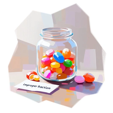 A glass jar filled with an assortment of colorful candies, with some candies whole and others half-eaten. The jar is transparent, allowing a clear view of the vibrant candies inside, including red, blue, yellow, and green varieties. The whole candies are placed on the top layer, while the half-eaten ones are visible throughout, showcasing bite marks. The jar sits on a wooden surface, and a piece of paper with the words "improper fraction" is placed nearby, further emphasizing the concept.