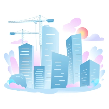 A futuristic city skyline features multiple skyscrapers with sleek, glass facades reflecting soft gradient pastel colors. Several construction cranes are positioned around the skyline, actively supporting the development of new towering buildings. Some cranes are lifting steel beams while others are transporting materials. The scene includes scaffolding around various skyscrapers, indicating ongoing construction. A vibrant sunset adds a warm hue to the sky, enhancing the overall atmosphere of growth and innovation.