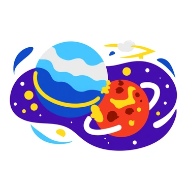 Two colorful planets, one blue and the other red, are engaged in a cosmic tug-of-war. The blue planet has swirling white clouds and a vibrant ocean, while the red planet features rocky terrain and glowing lava flows. A series of bright, glowing lines represent the gravitational force connecting them, stretching and bending as they pull against each other. Small stars and galaxies can be seen in the background, adding depth to the vastness of space surrounding the planets.