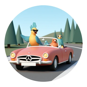 A big bird riding in a convertible car, enjoying a road trip with friends