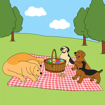 A family of four cartoon-style dogs is gathered on a large checkered picnic blanket spread across a vibrant green park. There is a golden retriever, a beagle, a pug, and a dachshund, all displaying playful expressions. The picnic basket, woven and filled with colorful treats, sits in the center of the blanket. The dogs are variously positioned: the golden retriever is lying down with its head resting on its paws, the beagle is curiously sniffing the basket, the pug is playfully trying to grab a sandwich, and the dachshund is sitting upright, looking around with excitement. In the background, there are several tall trees and a bright blue sky filled with fluffy white clouds.