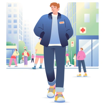 A trendy individual with light brown hair is walking down a bustling city street. They are wearing a stylish, navy blue Gant jacket that fits perfectly and includes a small logo on the left chest. The individual has on a pair of fashionable white sneakers with colorful accents. Their outfit is complemented by dark jeans that taper at the ankle. In the background, there are modern buildings and a few pedestrians, adding to the vibrant street scene. The sun is shining, casting soft shadows on the pavement.