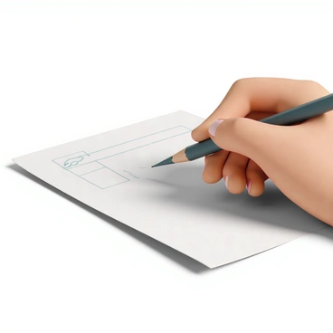 A close-up of a hand, holding a sharpened pencil, sketching a quiz question on a white sheet of paper. The hand is positioned at an angle, with fingers gripping the pencil delicately. The paper features faint lines and a lightly drawn box, indicating where the question will be written. The pencil tip is just touching the surface of the paper, creating a precise line. There are subtle shadows cast by the hand, and the texture of the paper is visible, enhancing the focus on the act of writing.