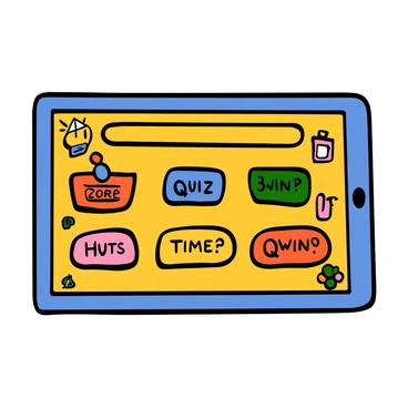 A digital tablet screen featuring a cartoon-style quiz interface. The screen shows colorful buttons labeled with questions, accompanied by fun illustrations related to the quiz topics. There are playful icons scattered around, such as a light bulb for hints, a timer, and a score tracker at the top. The background of the screen is bright and engaging, inviting users to interact with the quiz.