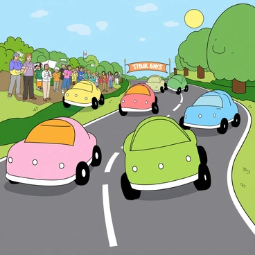 An exciting race featuring cars shaped like colorful Easter eggs speeding down a track