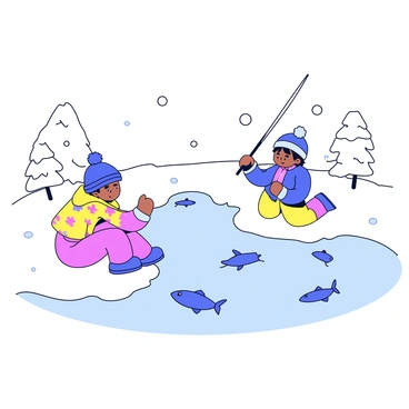 A snowy landscape with soft, white snow covering the ground and gently falling flakes in the air. In the center, two children are sitting on the icy surface, bundled in colorful winter clothing. One child is peering through a circular hole in the ice, while the other is holding a fishing rod. Below the ice, small fish are visible swimming in the clear water, moving gracefully. A few trees, dusted with snow, are in the background, completing the winter atmosphere.