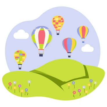 A group of vibrant hot air balloons in various colors and patterns floats above a landscape of rolling green hills. The balloons have checkered, striped, and polka-dotted designs, creating a playful atmosphere. Below, the hills are dotted with patches of bright wildflowers in shades of yellow, purple, and red. A bright blue sky with fluffy white clouds serves as the backdrop, enhancing the cheerful and lively scene.