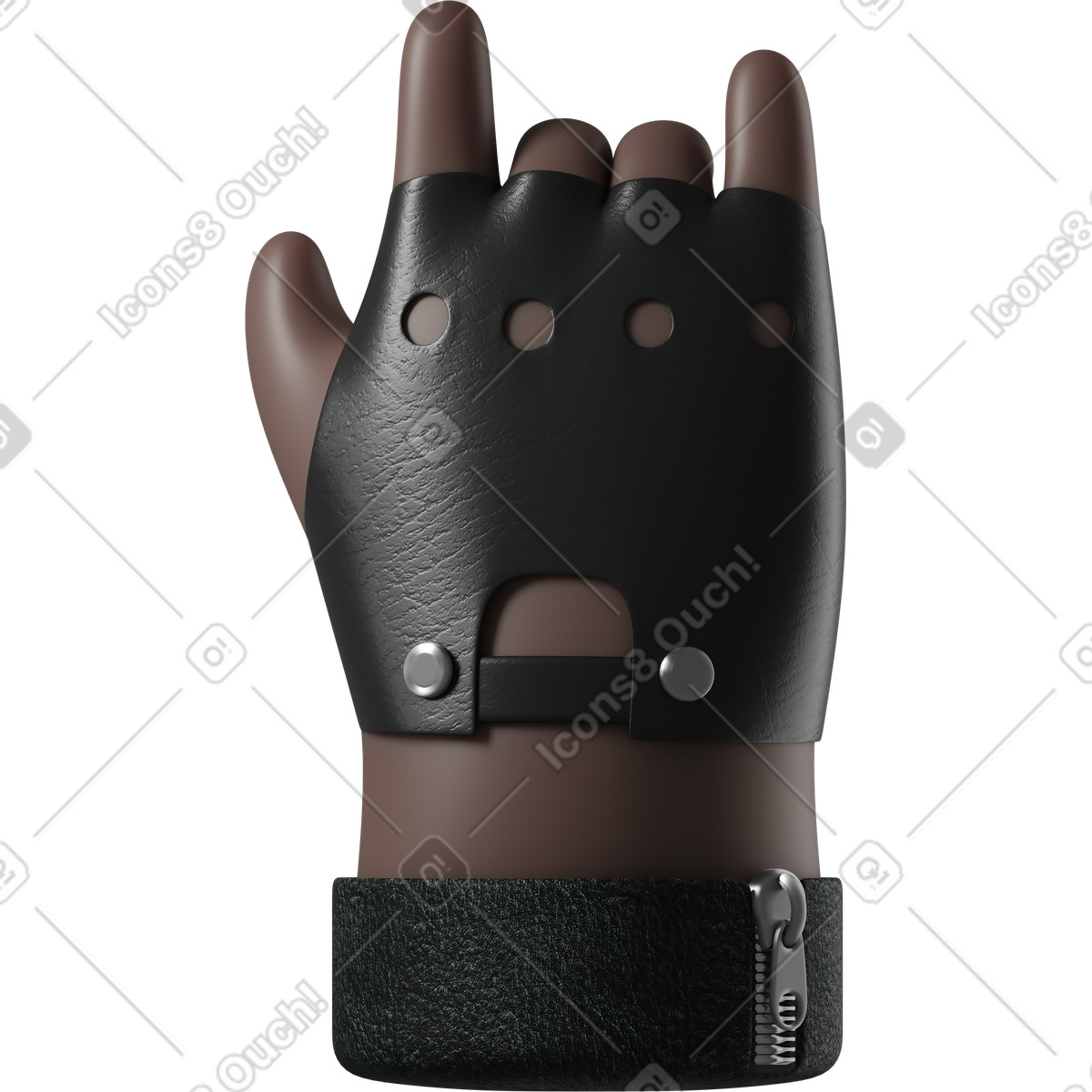 Ilustração de Mão do roqueiro na luva couro mostrando um sinal rock em no estilo 3D Hands Fun&Wild para baixar em PNG, SVG