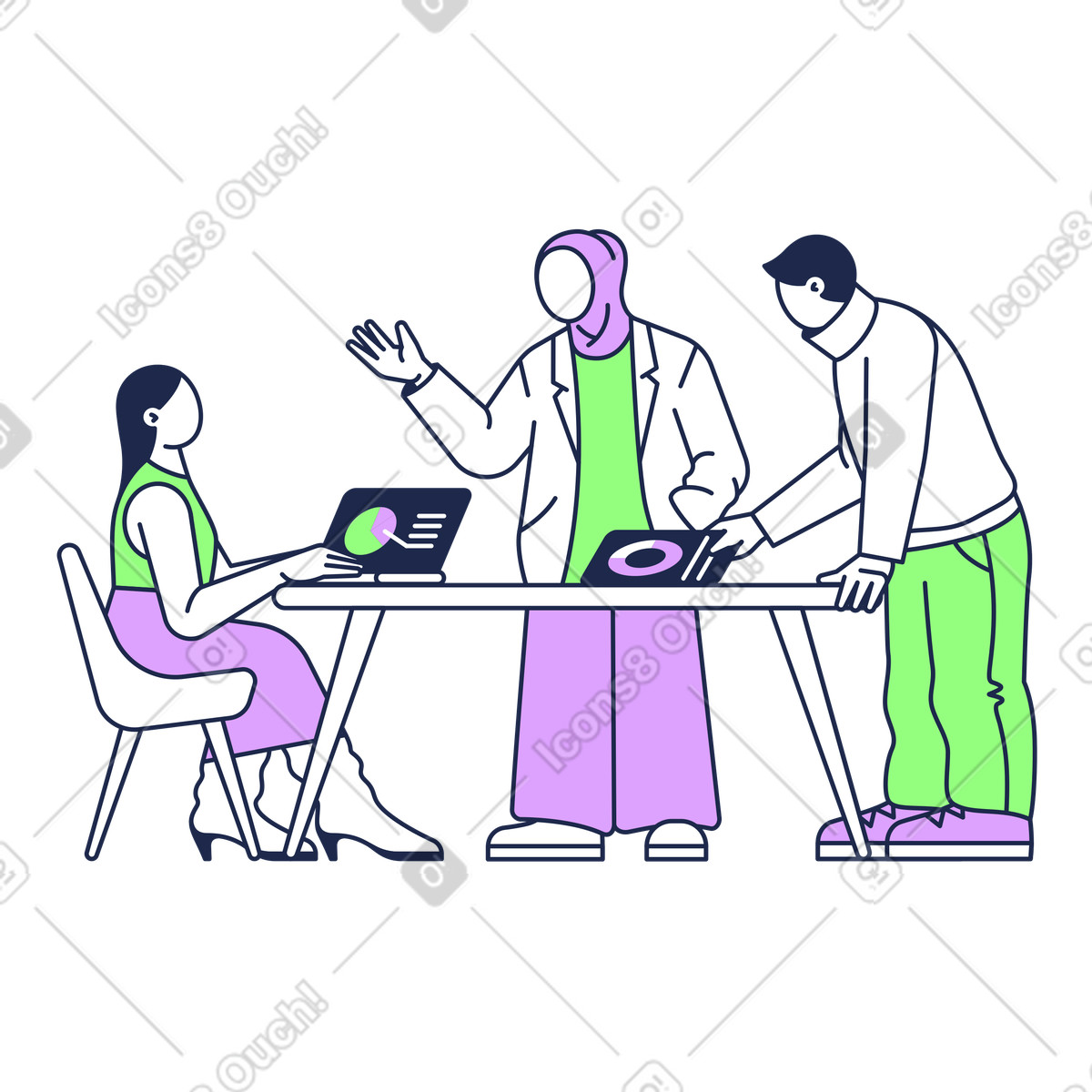 Ilustración Colleagues collaborating at workspace, office meeting and business planning en estilo Outline a descargar en PNG y SVG