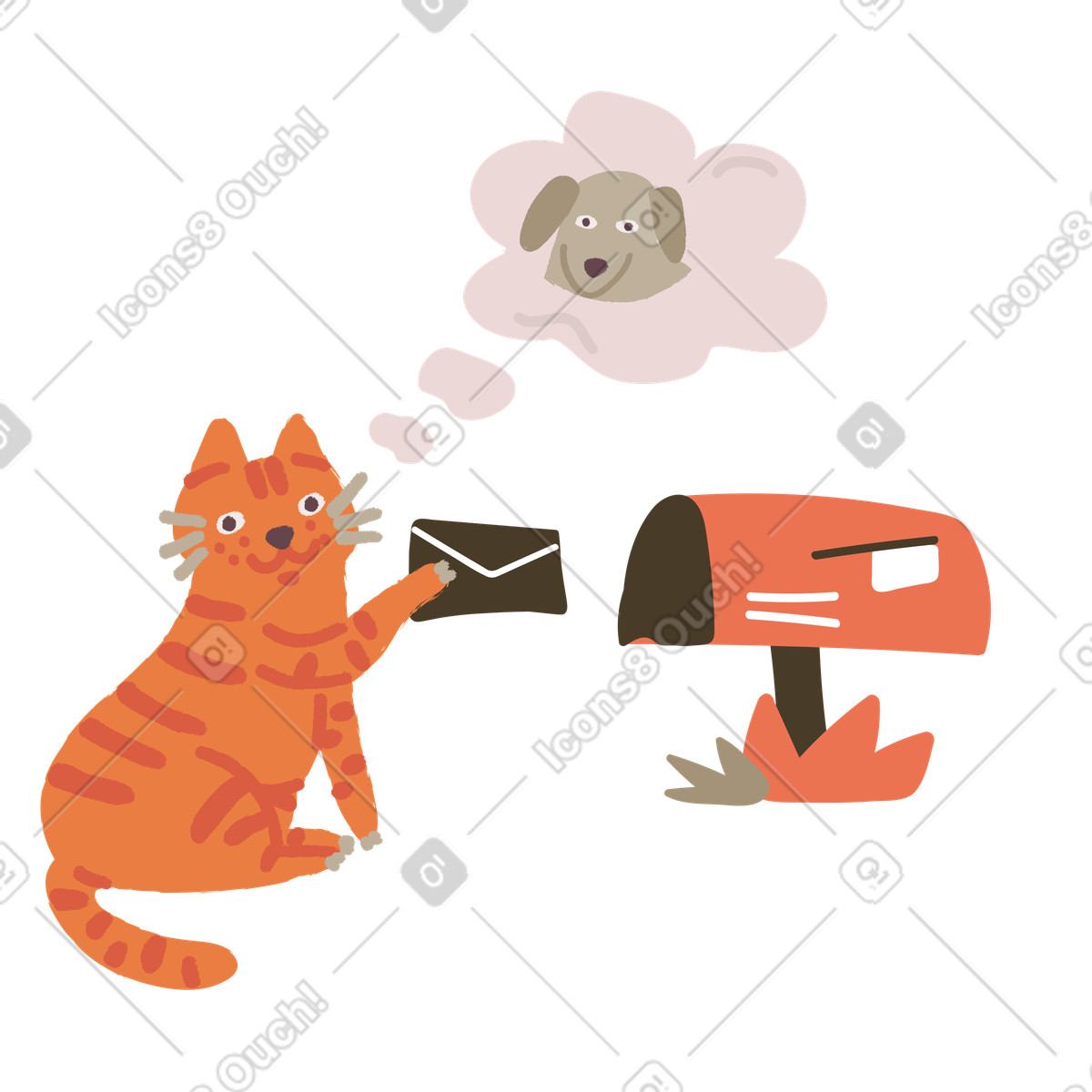 Ilustração de Cat putting pen pal letter into mailbox, Friendship and correspondence em no estilo Ginger para baixar em PNG, SVG