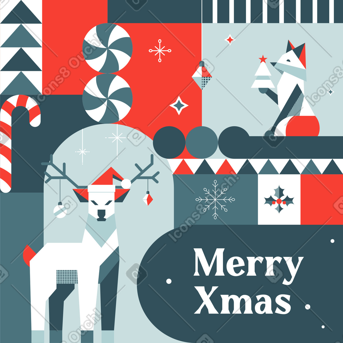 Postcard with Merry Xmas lettering, fox and deer illustration in Nordic style download in PNG, SVG