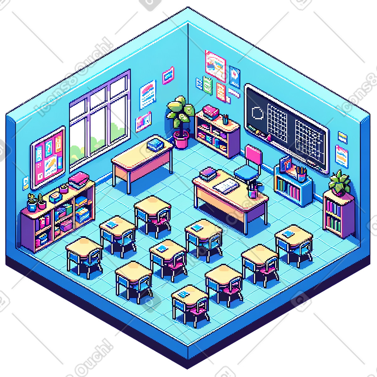 Illustration Classe d'école secondaire de pixels isométriques dans le style Rooms à télécharger aux formats PNG, SVG