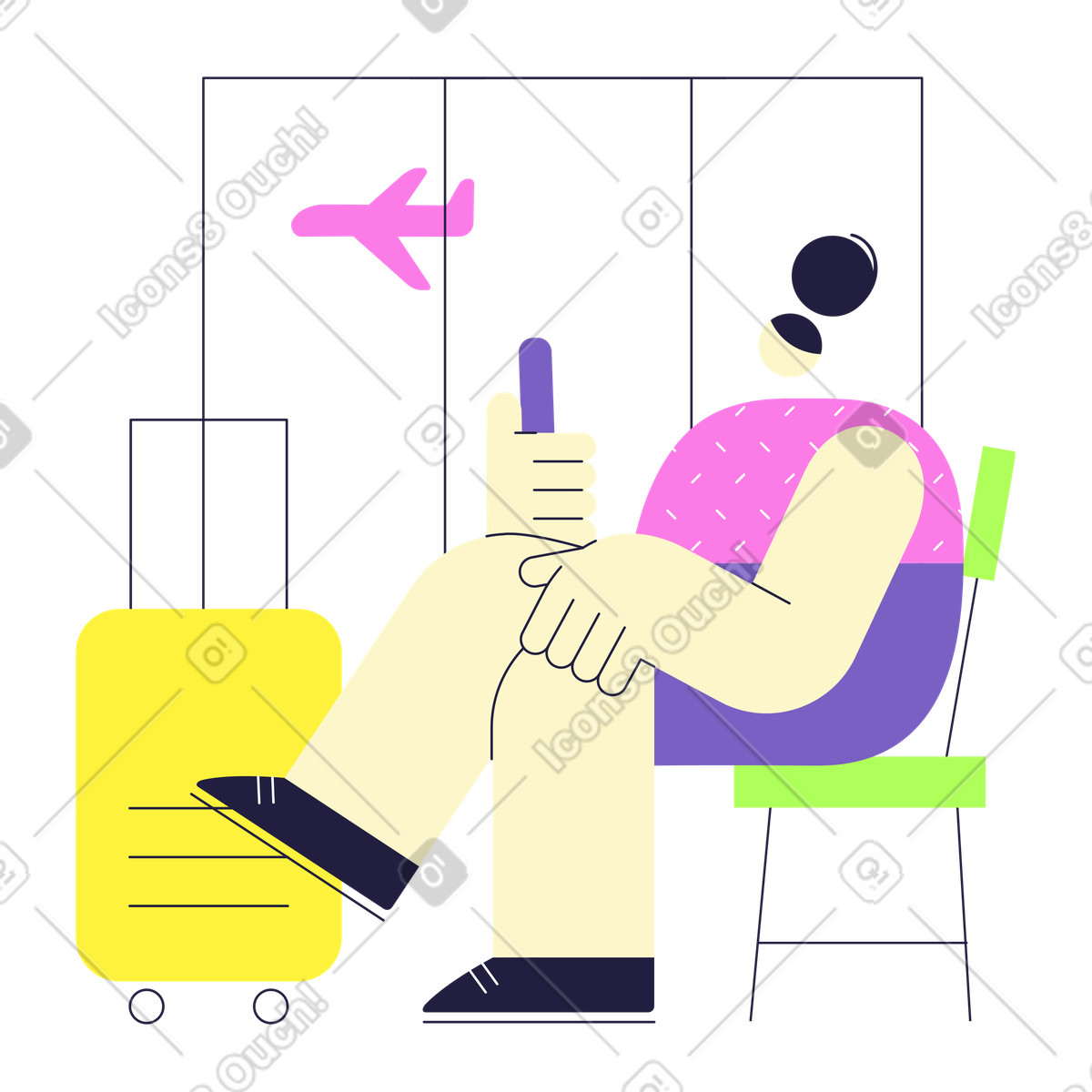 Frau sitzt im flughafen in der nähe von gepäck und wartet auf flugzeug-Illustration Mellow-Stil als Download PNG, SVG