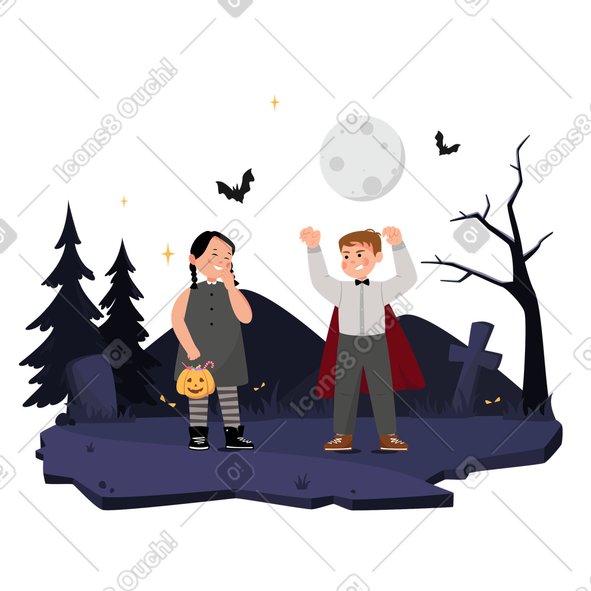Ilustración Un niño disfrazado de vampiro asusta a una niña en estilo Lagom descargar en PNG y SVG