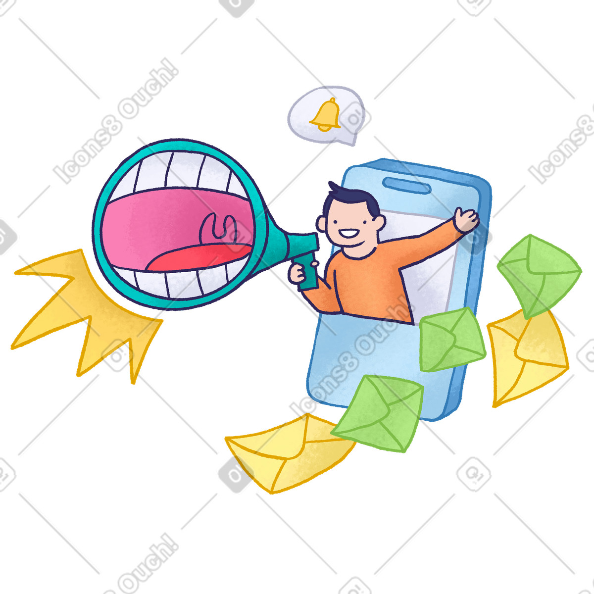 Ilustração de Homem gritando pelo megafone para email marketing em no estilo Hue baixar em PNG, SVG